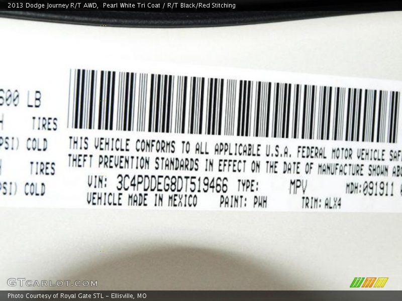 Pearl White Tri Coat / R/T Black/Red Stitching 2013 Dodge Journey R/T AWD