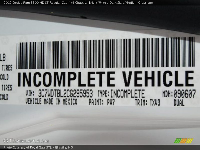 Bright White / Dark Slate/Medium Graystone 2012 Dodge Ram 3500 HD ST Regular Cab 4x4 Chassis