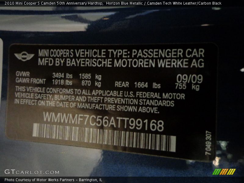 Horizon Blue Metallic / Camden Tech White Leather/Carbon Black 2010 Mini Cooper S Camden 50th Anniversary Hardtop