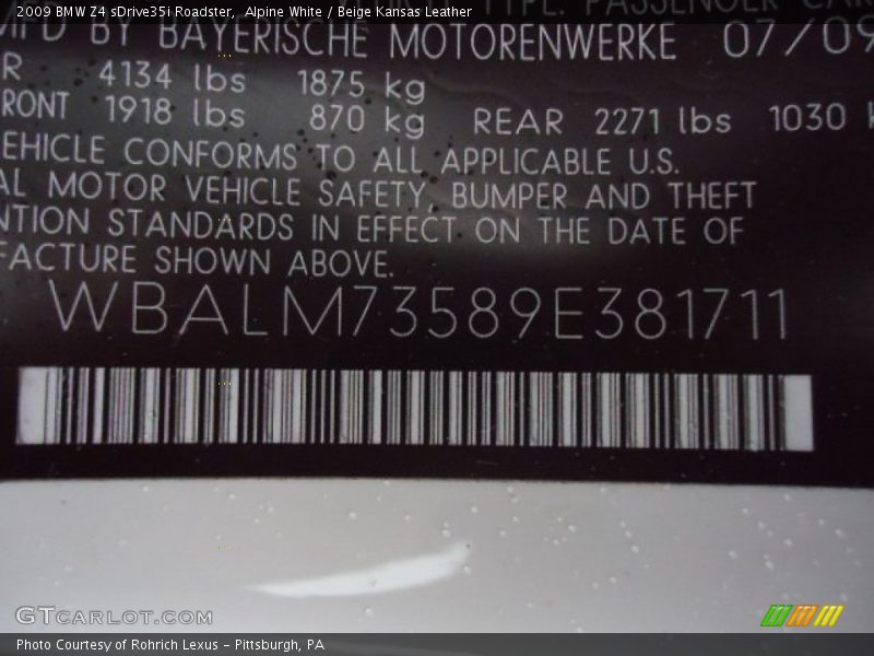 Alpine White / Beige Kansas Leather 2009 BMW Z4 sDrive35i Roadster