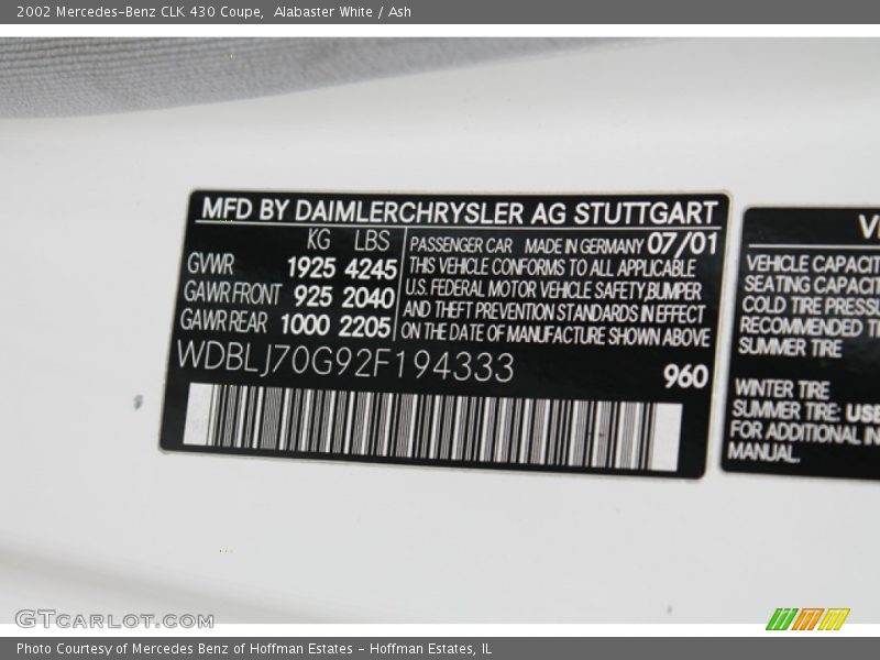 Alabaster White / Ash 2002 Mercedes-Benz CLK 430 Coupe