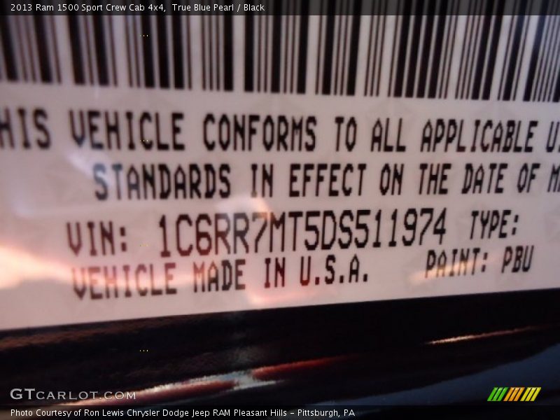 2013 1500 Sport Crew Cab 4x4 True Blue Pearl Color Code PBU