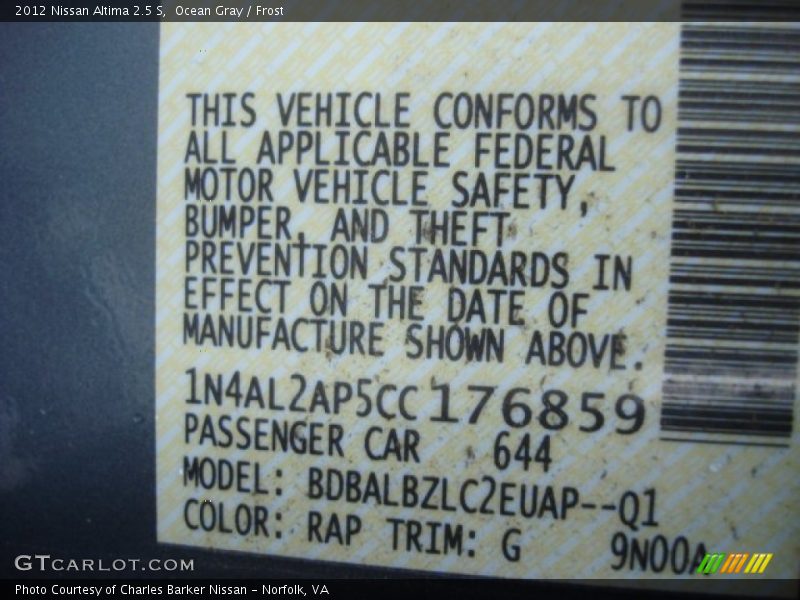 Ocean Gray / Frost 2012 Nissan Altima 2.5 S