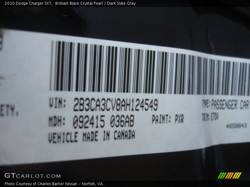 2010 Charger SXT Brilliant Black Crystal Pearl Color Code PXR