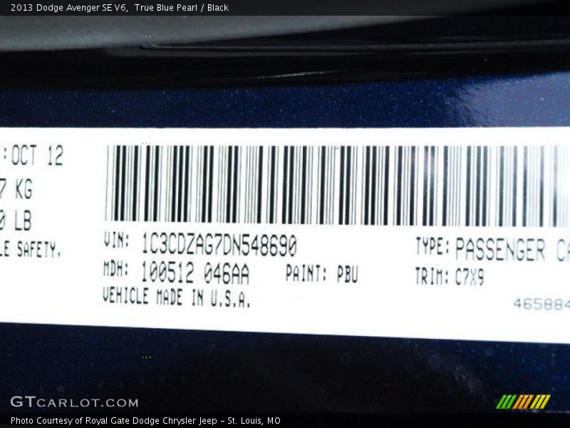 True Blue Pearl / Black 2013 Dodge Avenger SE V6