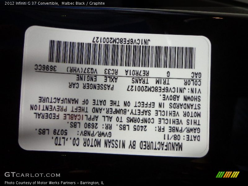 2012 G 37 Convertible Malbec Black Color Code GAC
