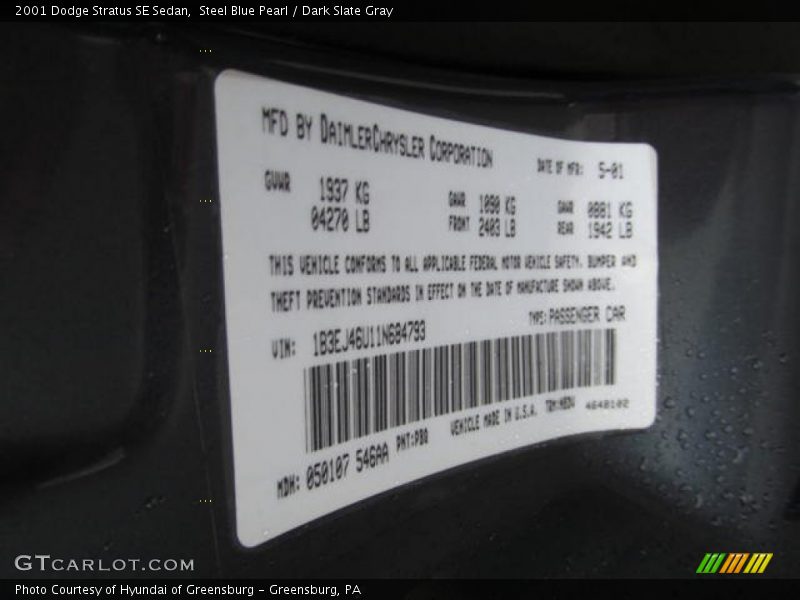 2001 Stratus SE Sedan Steel Blue Pearl Color Code PBQ