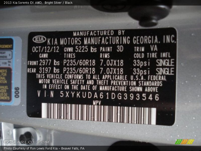 2013 Sorento EX AWD Bright Silver Color Code 3D