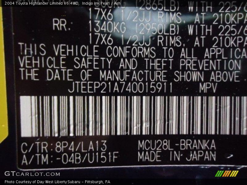 Indigo Ink Pearl / Ash 2004 Toyota Highlander Limited V6 4WD