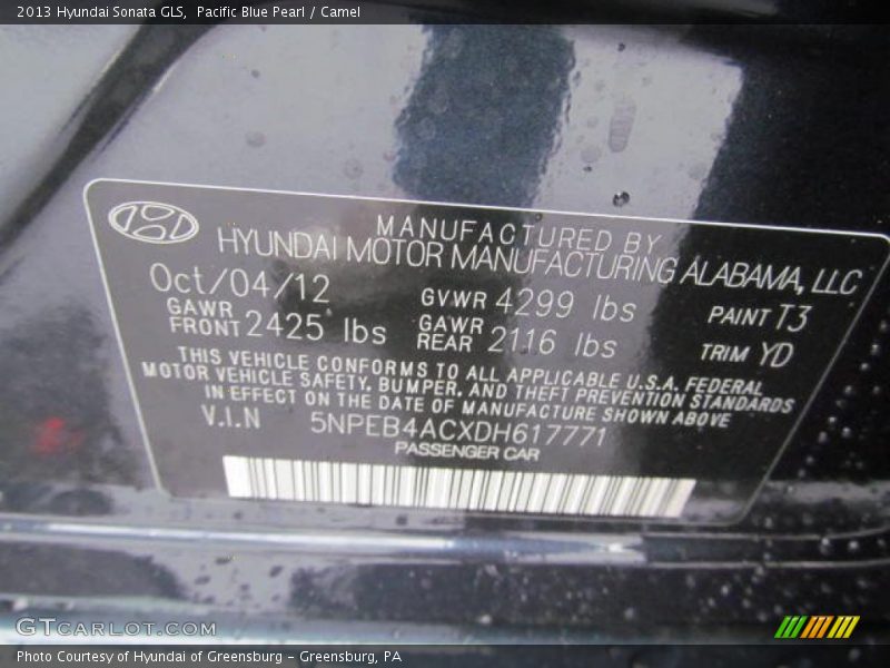 Pacific Blue Pearl / Camel 2013 Hyundai Sonata GLS