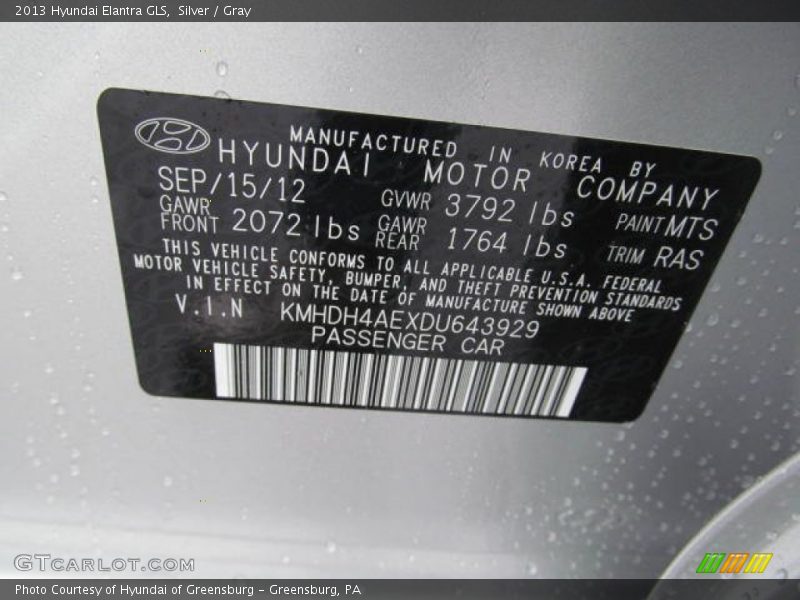 Silver / Gray 2013 Hyundai Elantra GLS