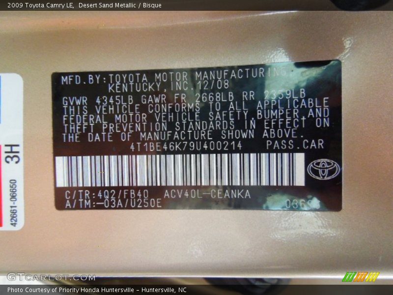 Desert Sand Metallic / Bisque 2009 Toyota Camry LE