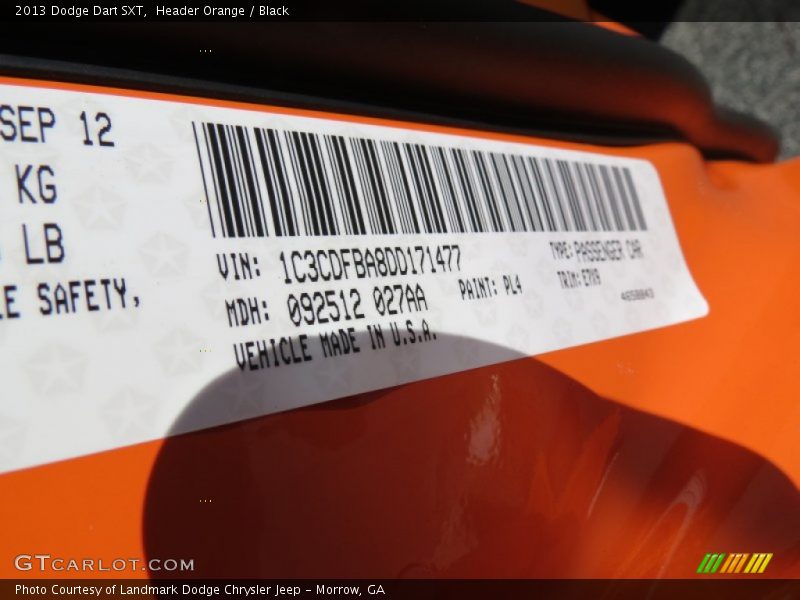 Header Orange / Black 2013 Dodge Dart SXT