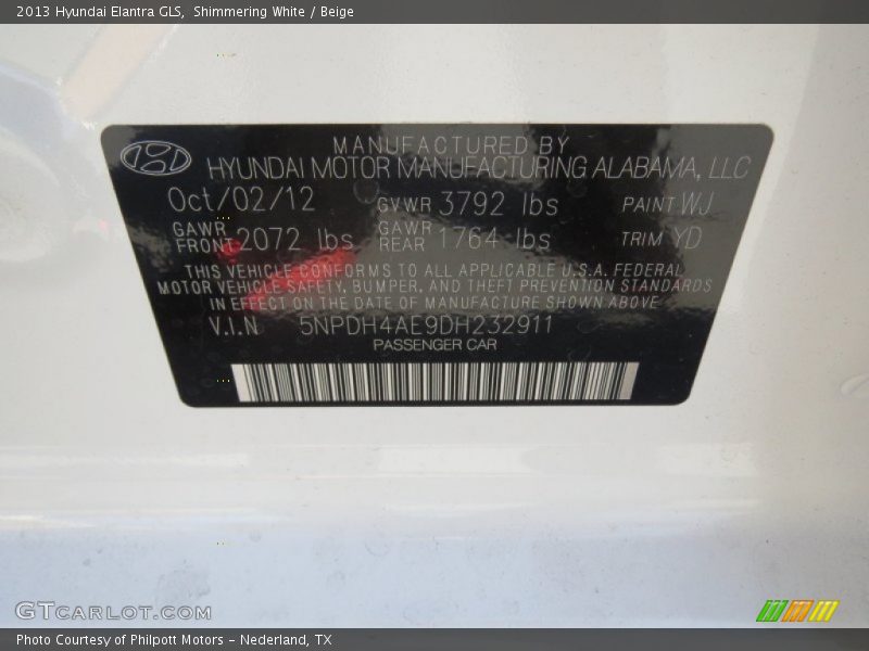 Shimmering White / Beige 2013 Hyundai Elantra GLS