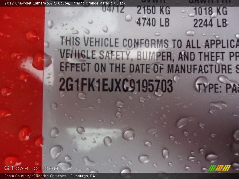 Inferno Orange Metallic / Black 2012 Chevrolet Camaro SS/RS Coupe