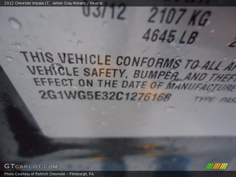 Ashen Gray Metallic / Neutral 2012 Chevrolet Impala LT