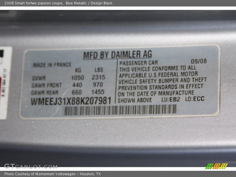 Blue Metallic / Design Black 2008 Smart fortwo passion coupe