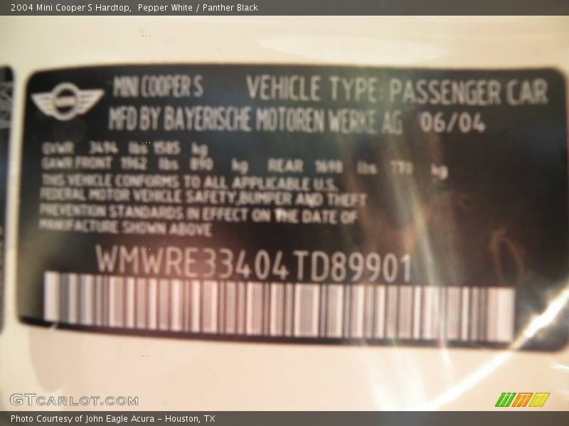 Pepper White / Panther Black 2004 Mini Cooper S Hardtop