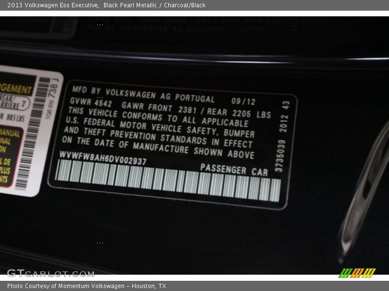 Black Pearl Metallic / Charcoal/Black 2013 Volkswagen Eos Executive