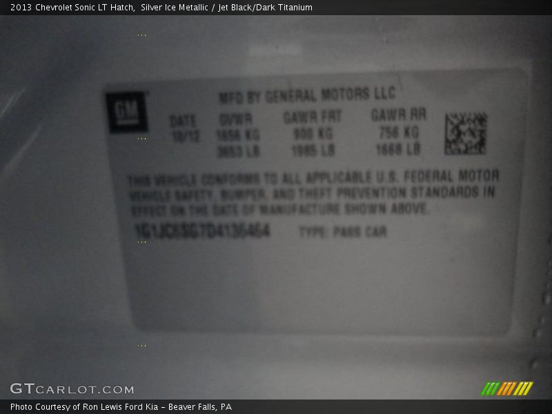 Silver Ice Metallic / Jet Black/Dark Titanium 2013 Chevrolet Sonic LT Hatch
