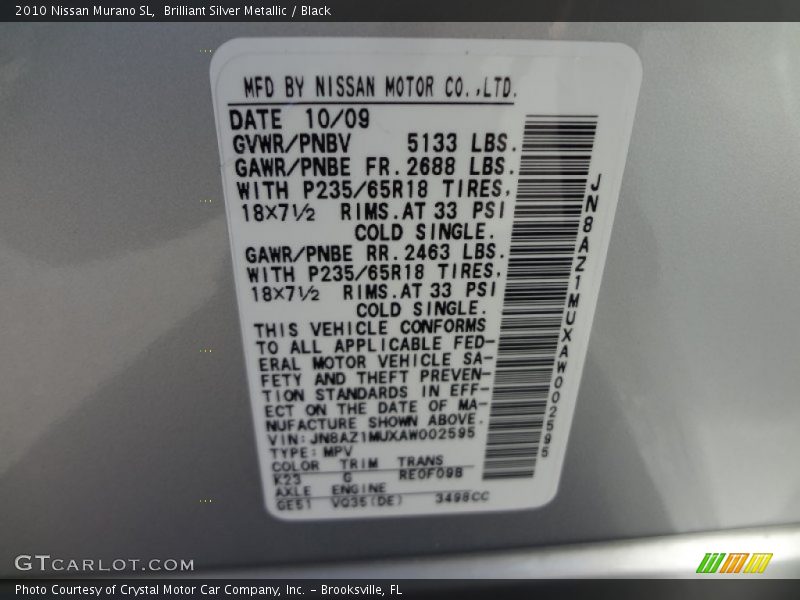 Brilliant Silver Metallic / Black 2010 Nissan Murano SL