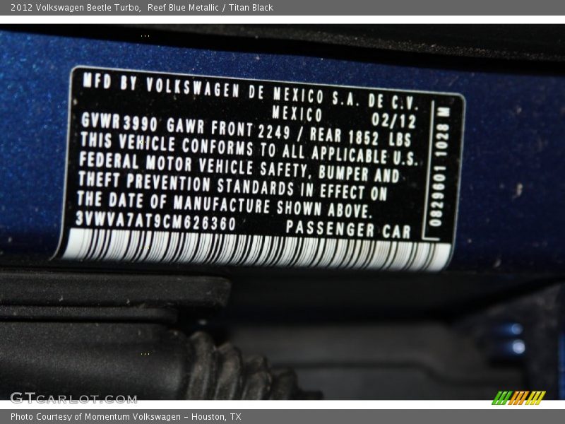 Reef Blue Metallic / Titan Black 2012 Volkswagen Beetle Turbo