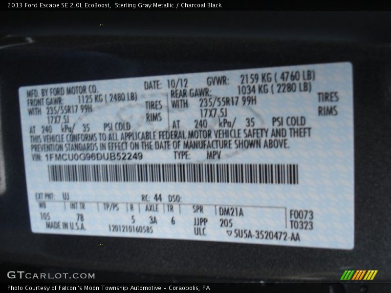 Sterling Gray Metallic / Charcoal Black 2013 Ford Escape SE 2.0L EcoBoost