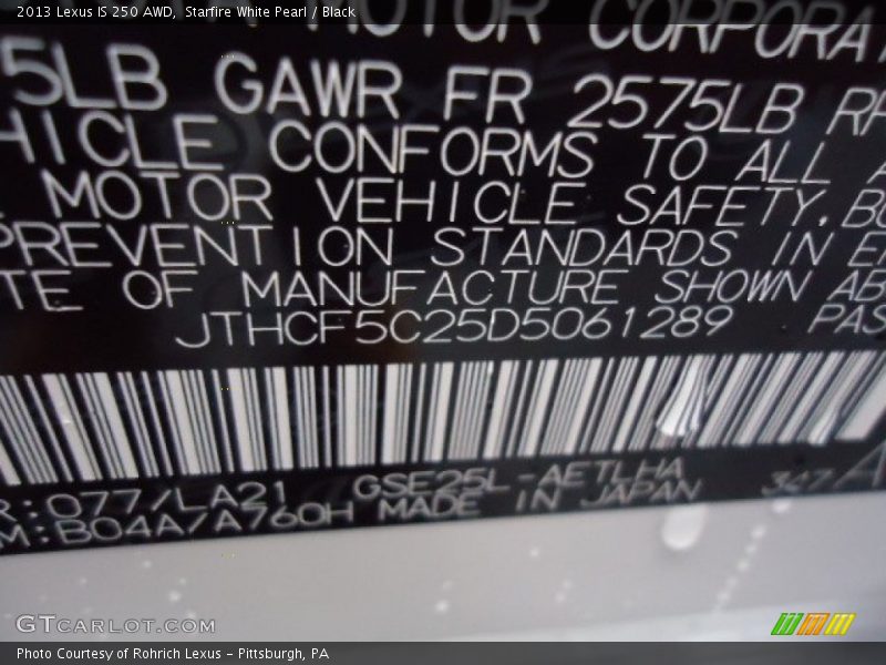 2013 IS 250 AWD Starfire White Pearl Color Code 077