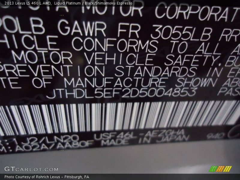 2013 LS 460 L AWD Liquid Platinum Color Code 1J2