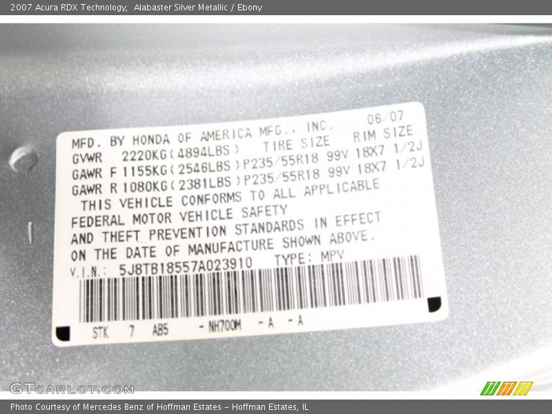Alabaster Silver Metallic / Ebony 2007 Acura RDX Technology