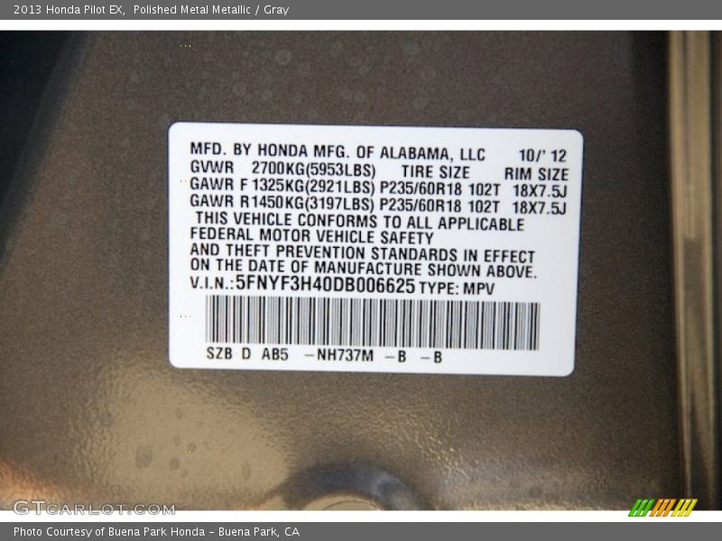 Polished Metal Metallic / Gray 2013 Honda Pilot EX