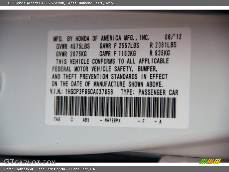 White Diamond Pearl / Ivory 2012 Honda Accord EX-L V6 Sedan