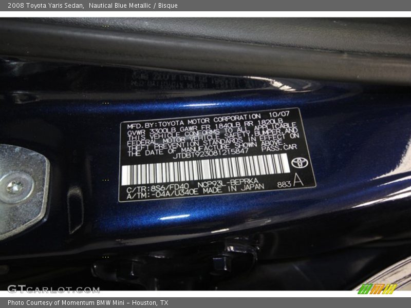 2008 Yaris Sedan Nautical Blue Metallic Color Code 8S6