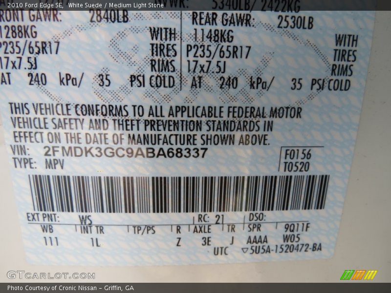 White Suede / Medium Light Stone 2010 Ford Edge SE