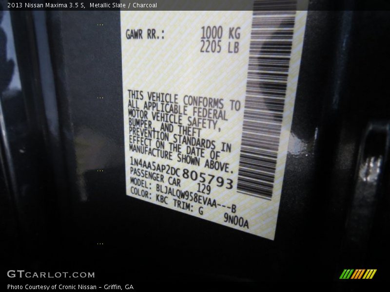 2013 Maxima 3.5 S Metallic Slate Color Code KBC