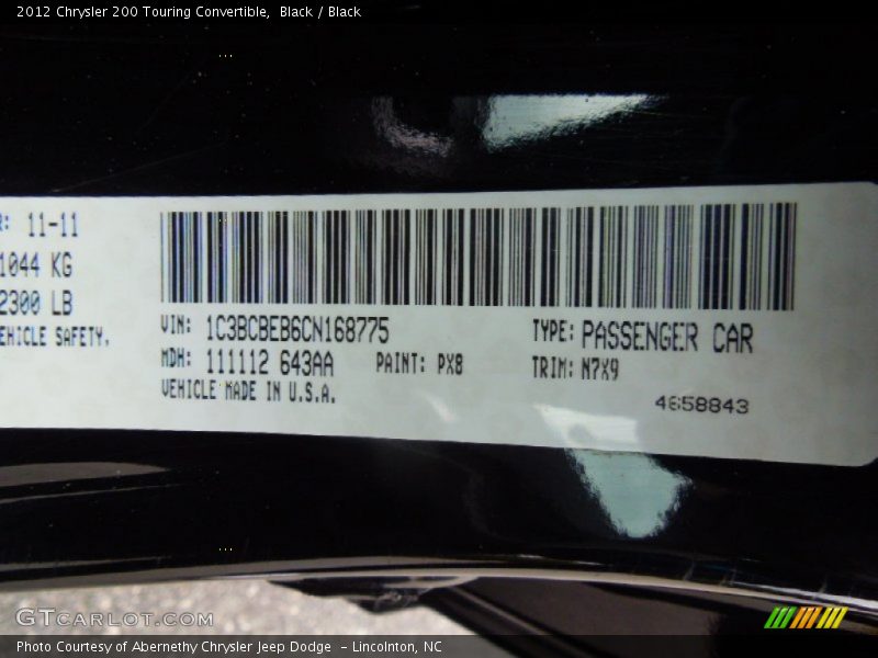 2012 200 Touring Convertible Black Color Code PX8