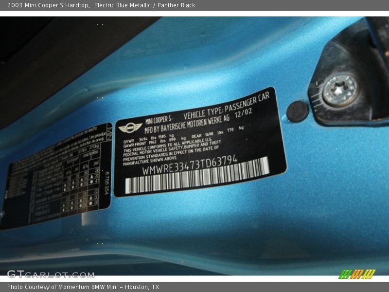 Electric Blue Metallic / Panther Black 2003 Mini Cooper S Hardtop