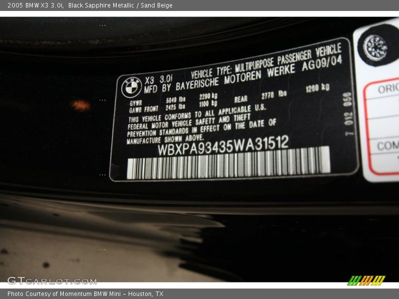 Black Sapphire Metallic / Sand Beige 2005 BMW X3 3.0i