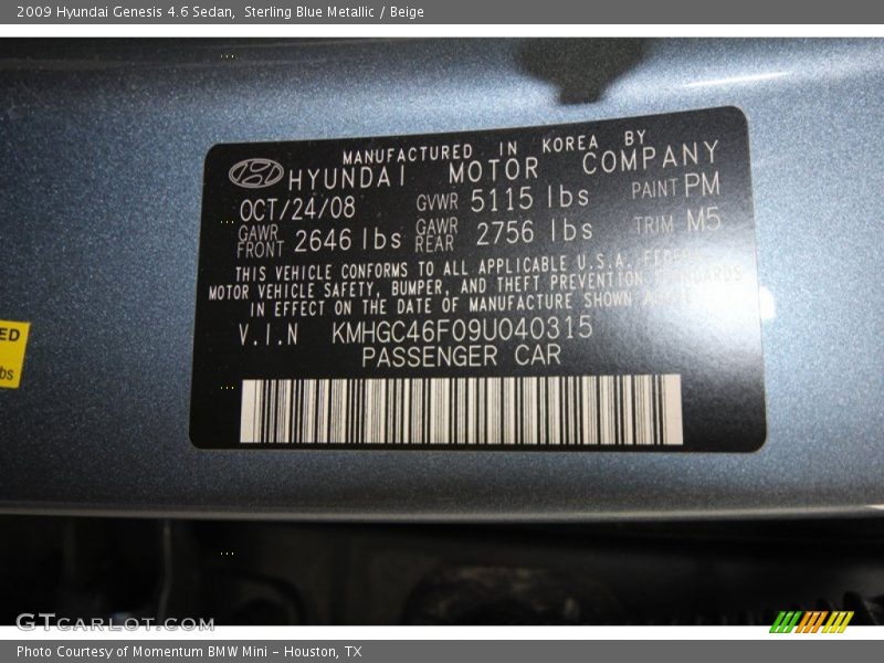 Sterling Blue Metallic / Beige 2009 Hyundai Genesis 4.6 Sedan