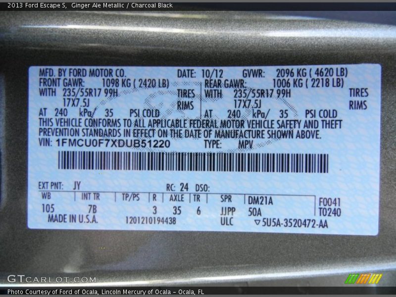 Ginger Ale Metallic / Charcoal Black 2013 Ford Escape S