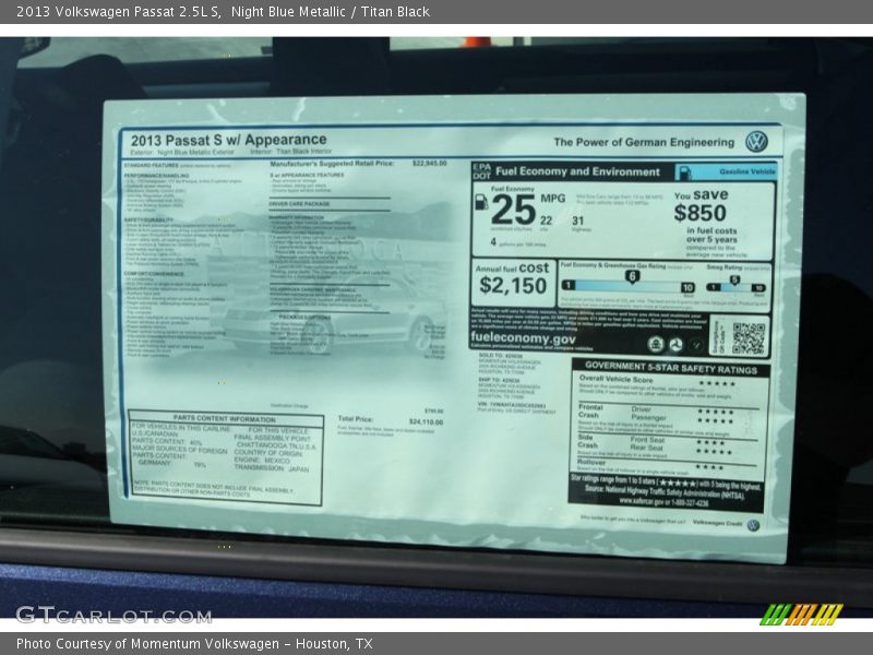 Night Blue Metallic / Titan Black 2013 Volkswagen Passat 2.5L S
