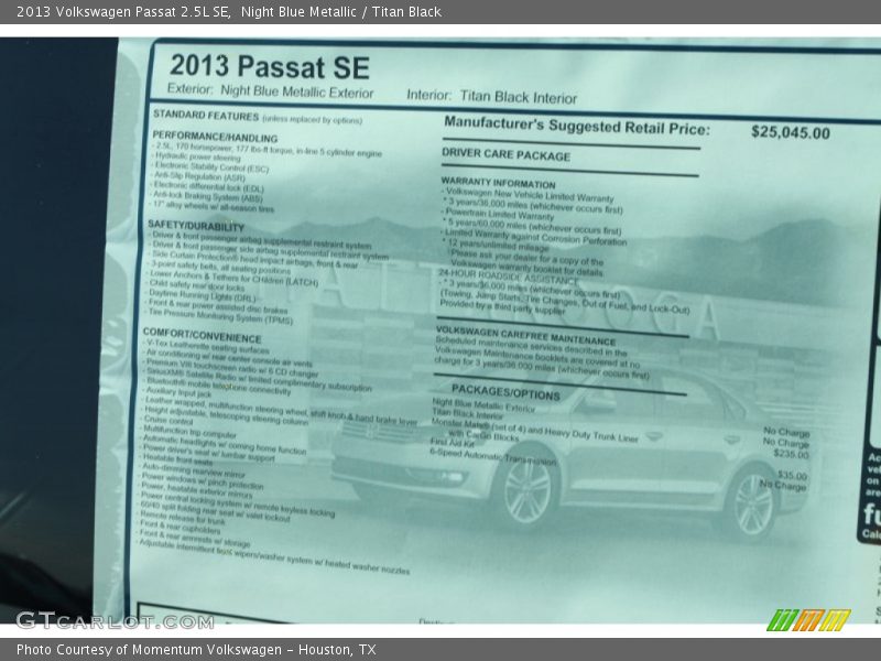 Night Blue Metallic / Titan Black 2013 Volkswagen Passat 2.5L SE