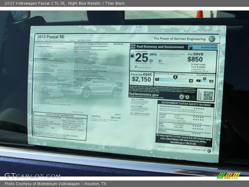 Night Blue Metallic / Titan Black 2013 Volkswagen Passat 2.5L SE