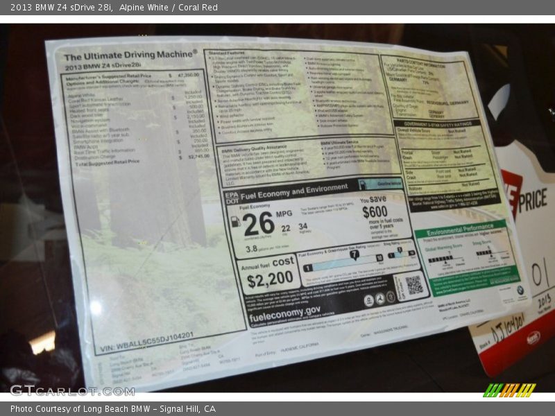  2013 Z4 sDrive 28i Window Sticker