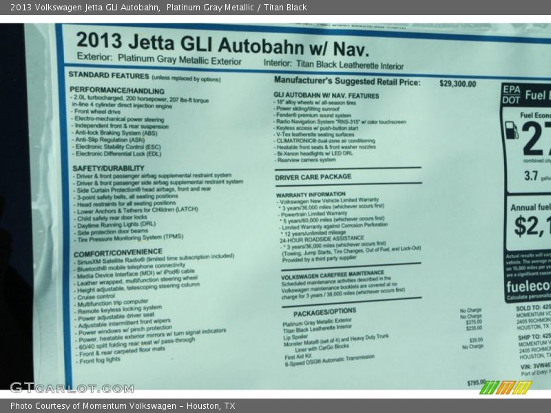  2013 Jetta GLI Autobahn Window Sticker