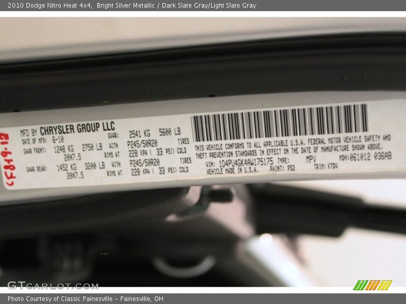 2010 Nitro Heat 4x4 Bright Silver Metallic Color Code PS2