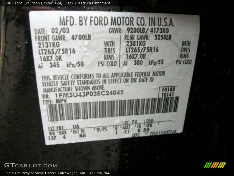 2003 Excursion Limited 4x4 Black Color Code UA