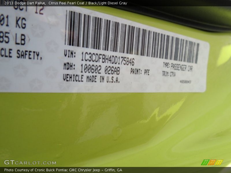 2013 Dart Rallye Citrus Peel Pearl Coat Color Code PFE