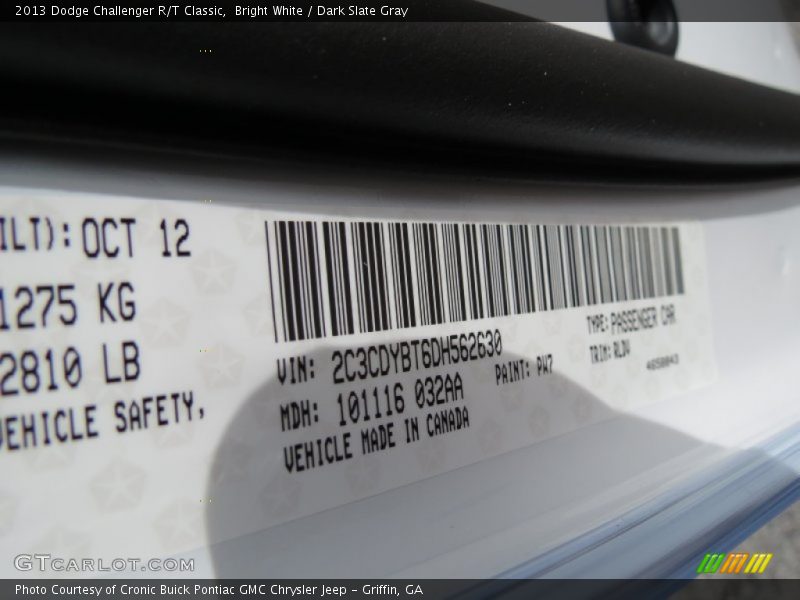 2013 Challenger R/T Classic Bright White Color Code PW7