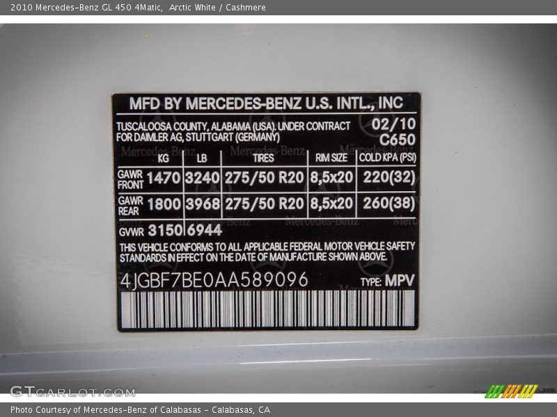 2010 GL 450 4Matic Arctic White Color Code 650